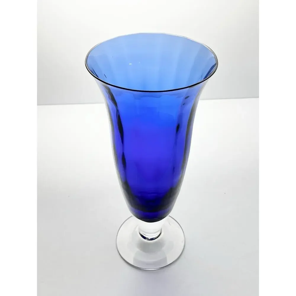 Contemporary Large Optic Footed Trumpet Flared Cobalt Blue Glass Vase 11”